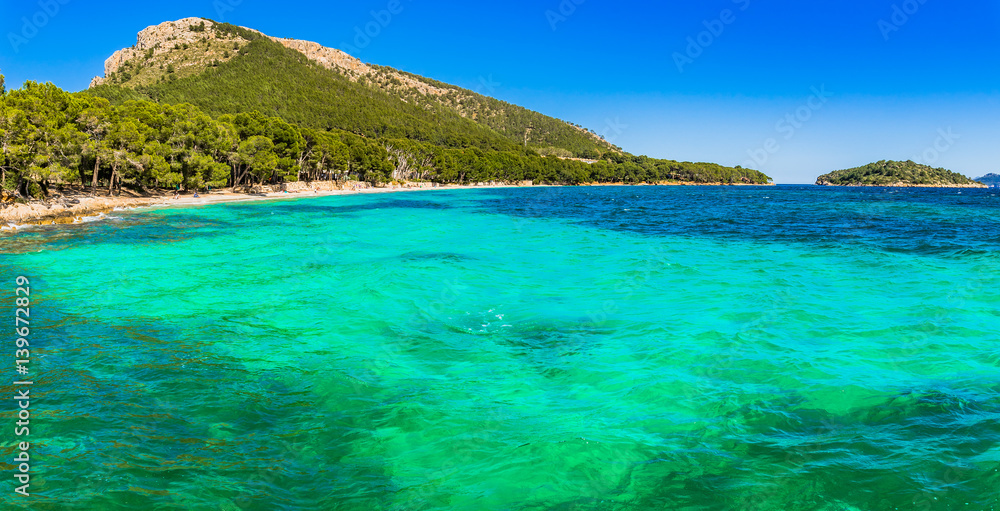 Idyllic view of the bay beach Formentor, Spain Majorca coastline Mediterranean Sea
