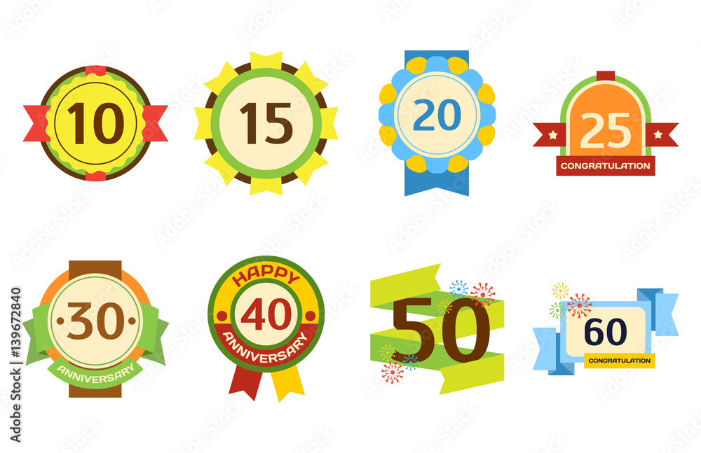 Birthday badge banner design flat set celebration emblem anniversary card date and paper sticker invitation with number day for typography vector illustration symbol. Birthday badge banner design flat set celebration emblem anniversary card date and paper sticker invitation with number day for typography vector illustration symbol.