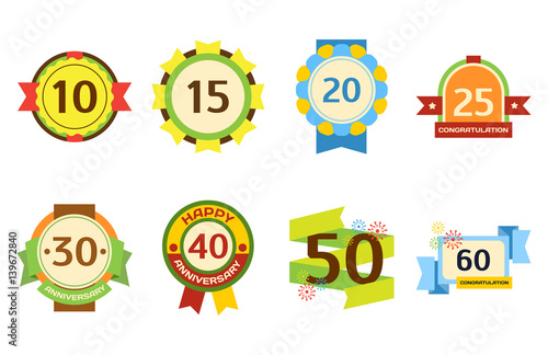 Birthday badge banner design flat set celebration emblem anniversary card dat...