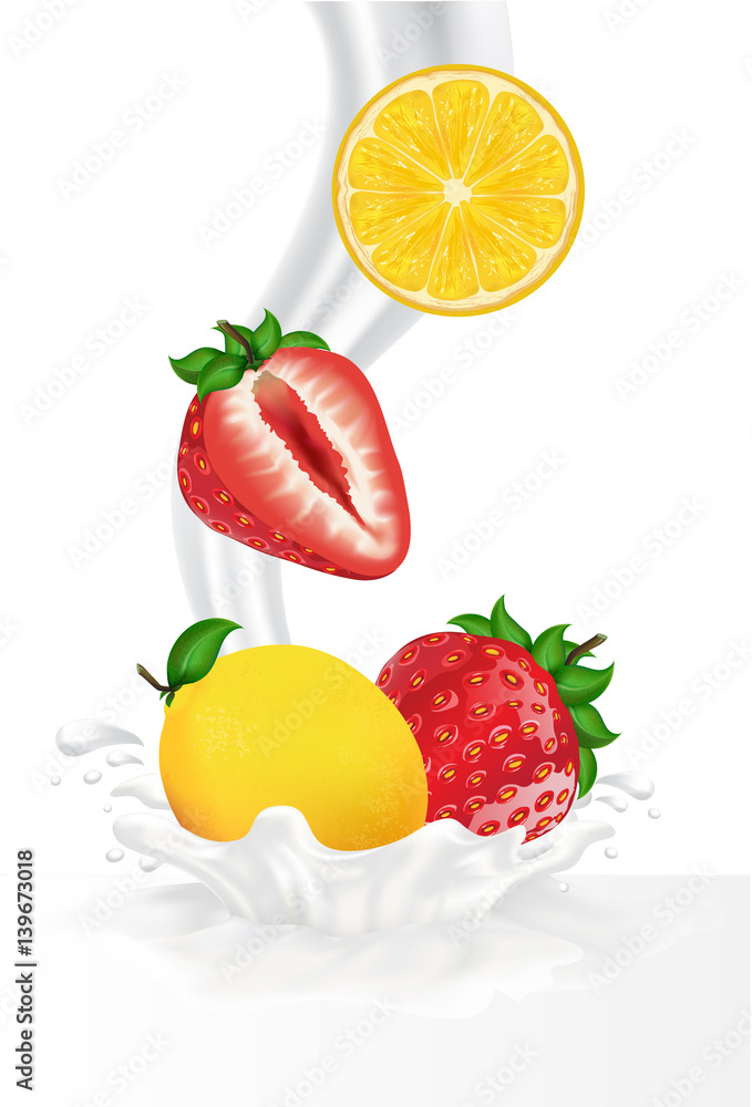 Naklejka premium Colorful fresh fruits falling into the milky splash. Vector illustration