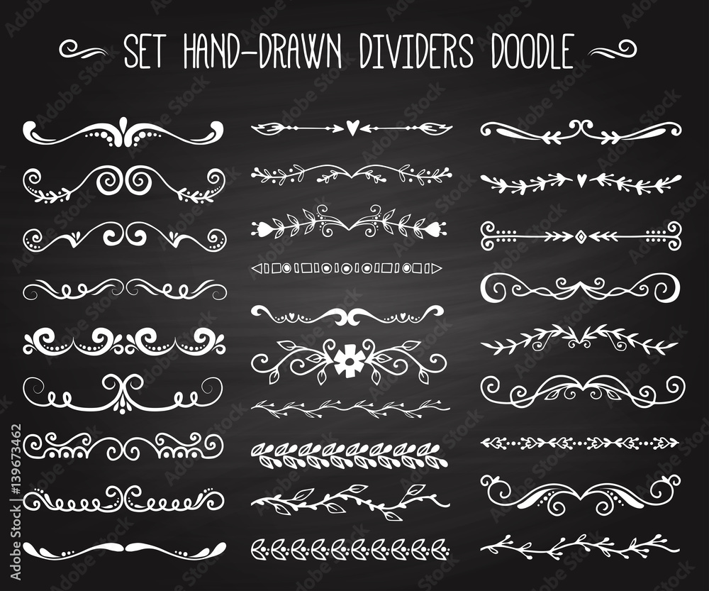 Set of hand drawn white doodle design elements decorative floral dividers arrows and swirls branch vintage decoration on black vector illustration. Set of hand drawn white doodle design elements decorative floral dividers arrows and swirls branch vintage decoration on black vector illustration.