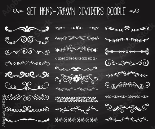 Set of hand drawn white doodle design elements decorative floral dividers arr...
