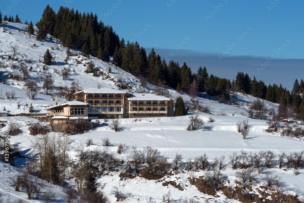 Winter forest scene. Small housee at the mountain in a sunny winter day. Snowy fairytale in Bulgaria.