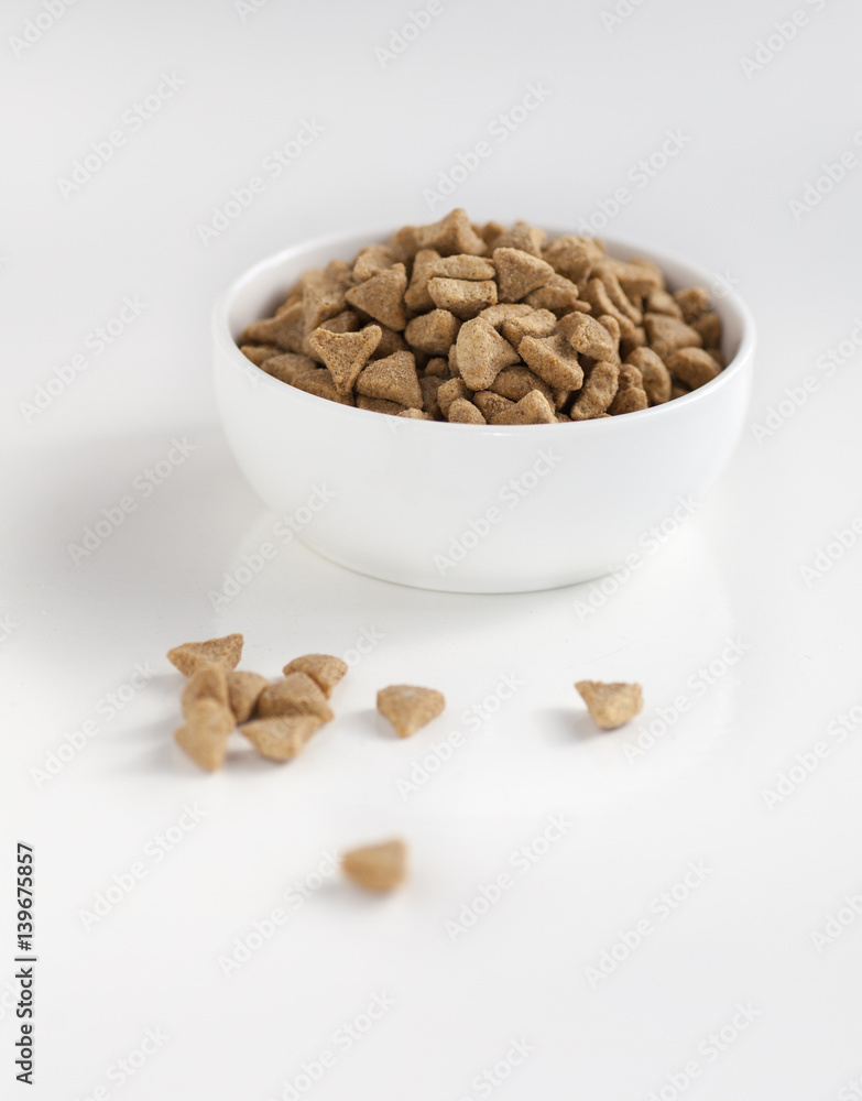 Dry pet food in white bowl isolated on white Dry pet food in white bowl isolated on white