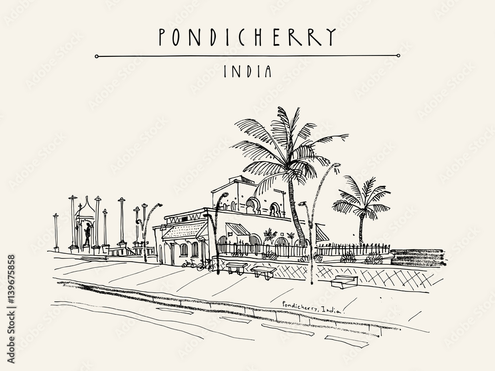 Pondicherry Puducherry India Artistic Drawing On Paper Travel Sketch  Royalty Free SVG Cliparts Vectors And Stock Illustration Image 75257941