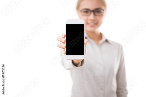  Woman holding smart phone in hand white background