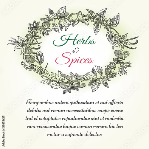 Natural herbal seasonings frame with text for health lifestyle vector design