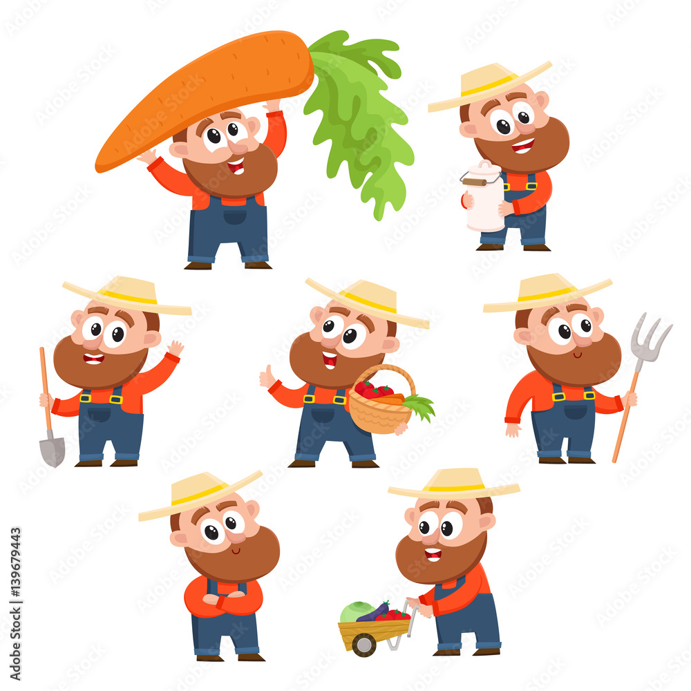 Funny farmer, gardener character in different poses working in the garden, harvesting, happy, cartoon vector illustration isolated on white background. Set of comic farmer characters, design elements