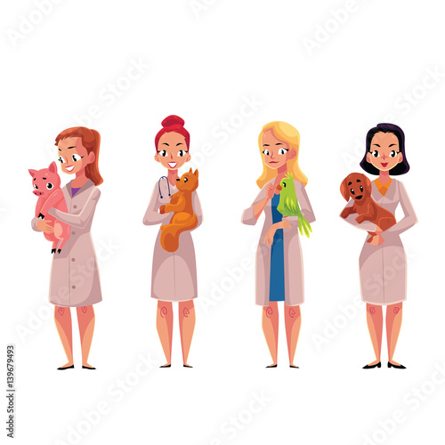 Set of female veterinarian doctors, women in white medical coats holding cat, parrot, dog, pig, cartoon vector illustration isolated on white background. Female, woman veterinarian doctors, vets
