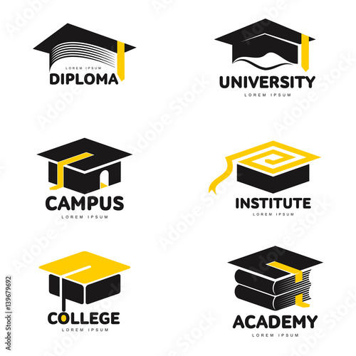 Set of graphic, black and white square academic, graduation cap logo templates, vector illustration isolated on white background. Stylized graphic graduation cap logotype, logo design