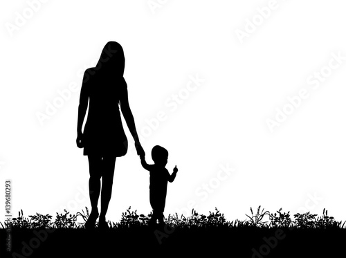  silhouette of mother walking with hand with child