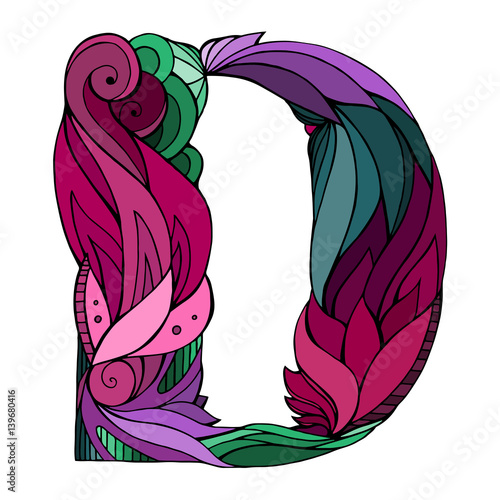 Coloring freehand drawing capital letter D with floral doodle pattern. Vector element for your design