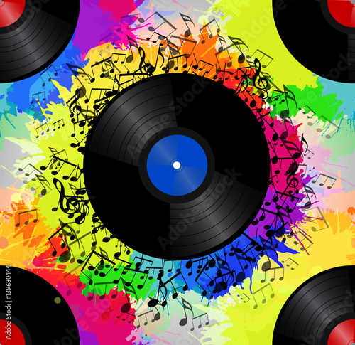 Seamless texture with a vinyl record, music notes and rainbow watercolor splash. Vector musical pattern for your  creativity