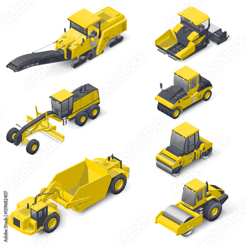Transport for laying and repair of asphalt isometric icon set