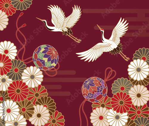 菊と鶴と手毬の伝統的な和柄