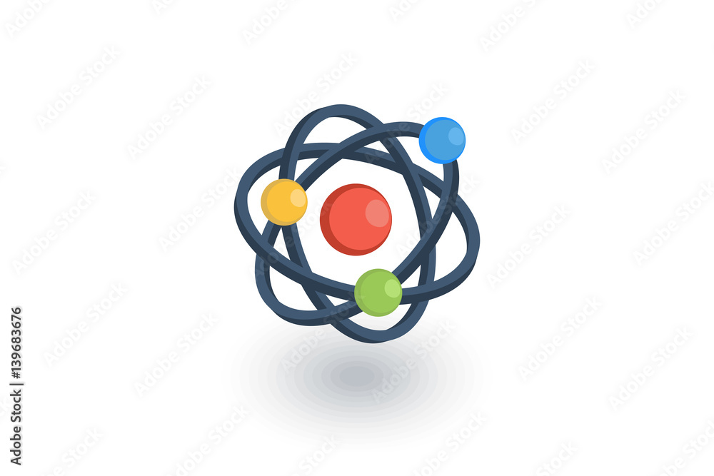 Atom, Physic Symbol isometric flat icon. 3d vector colorful illustration. Pictogram isolated on white background - obrazy, fototapety, plakaty 