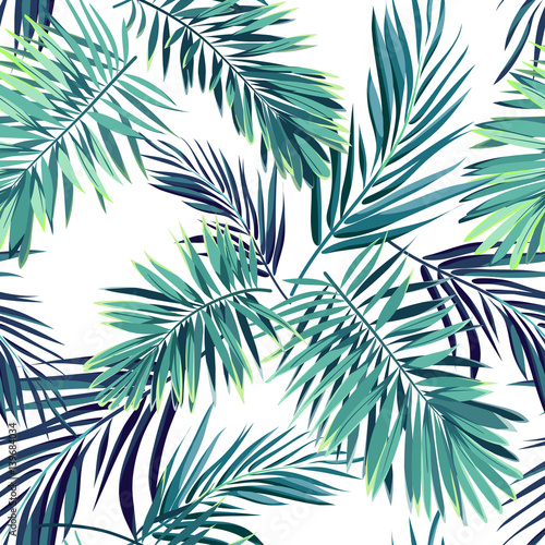 Fototapeta Tropikalny tło z roślin dżungli. Bezszwowy wektorowy tropikalny wzór z zielonymi feniks palmowymi liśćmi.