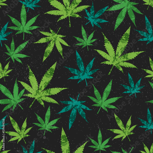 rastafarian seamless pattern, green cannabis leaves with grunge texture on black background, vector