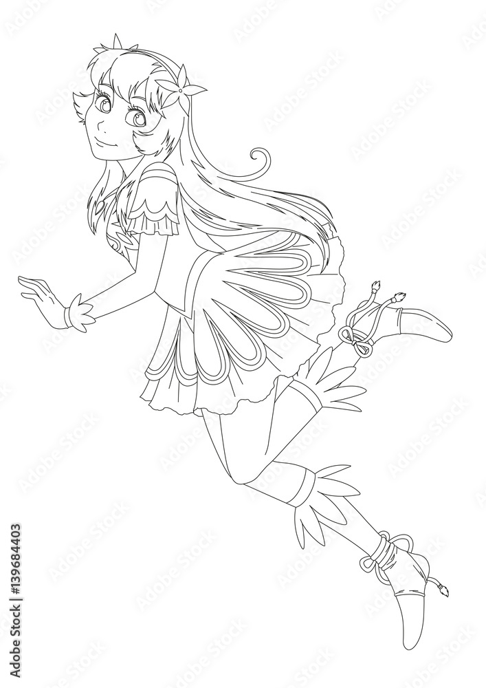 cartoon young girl is running jumping and looking illustration for children