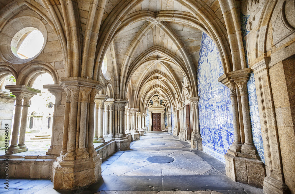 enfilade of cathedral cloister Se, Porto, Portugal