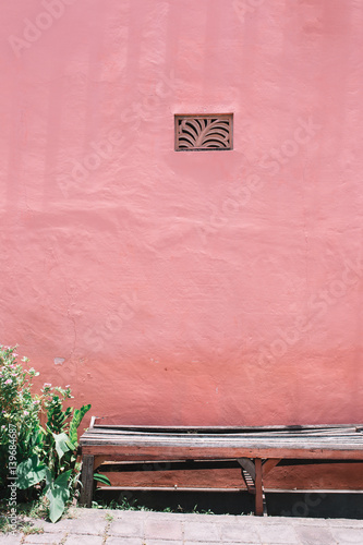 Green bushes with flowers in front of pink wall