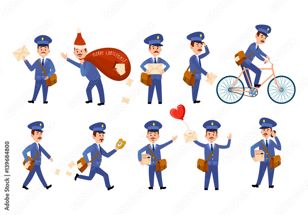 Postman Characters with Bags and on Bike Set. Postman Characters with Bags and on Bike Set.