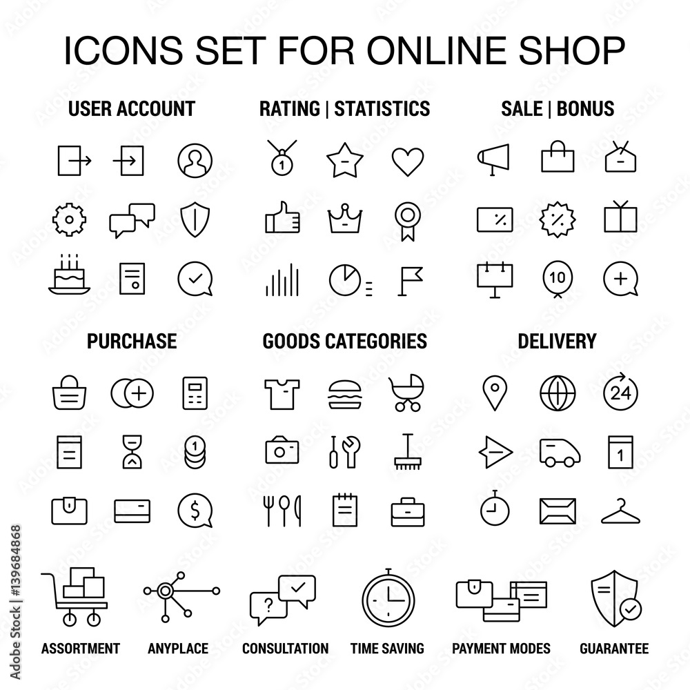 Icons set for online shop. Thin lines. Black on white.