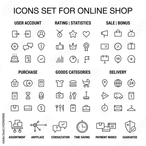 Icons set for online shop. Thin lines. Black on white.