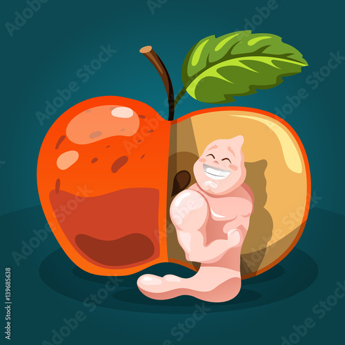 Health care concept. Apple and worm with strong arms