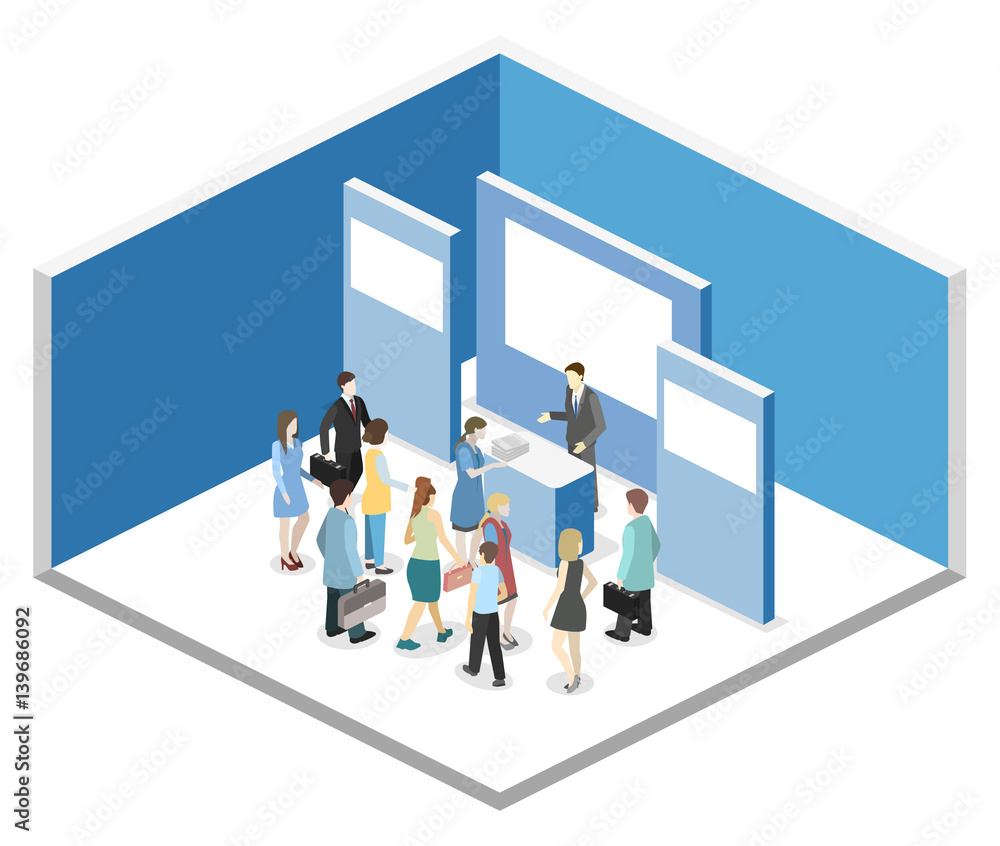 Isometric flat 3D concept vector exhibition or promotion stand. Isometric flat 3D concept vector exhibition or promotion stand.