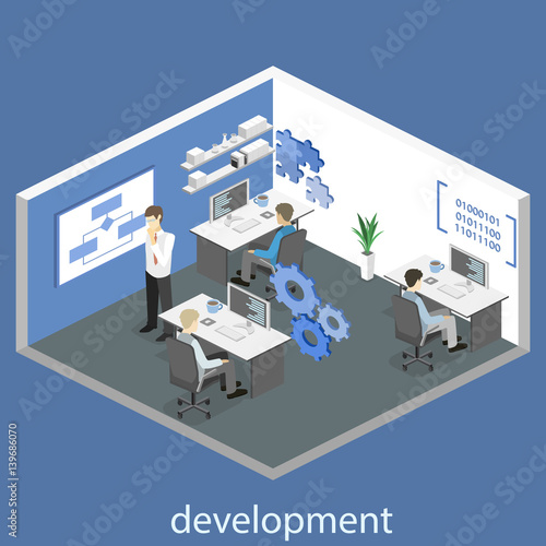 Flat 3D vector isometric concept illustration of office software developer