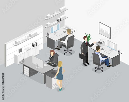 Flat 3d isometric abstract office floor interior departments concept.