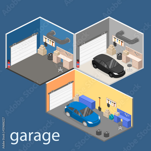 Isometric flat 3Dinterior working place with tools in garage.