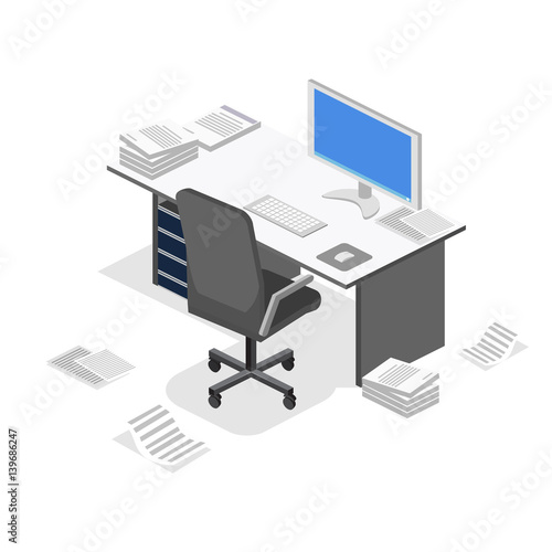 Isometric flat 3D isolated concept vector cutaway interior office workplace