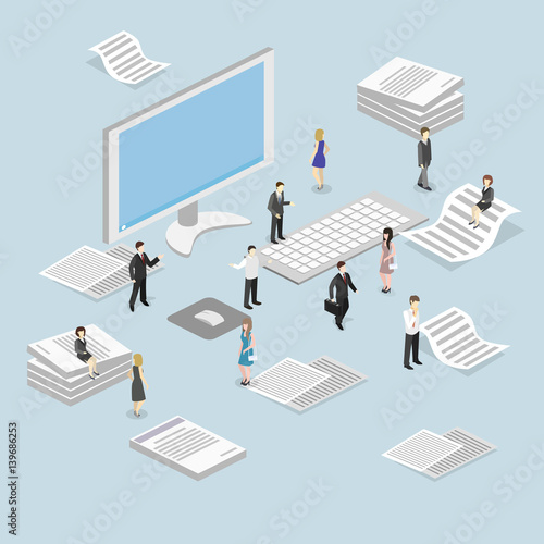 Isometric flat 3D isolated vector cutaway interior office workplace with people.