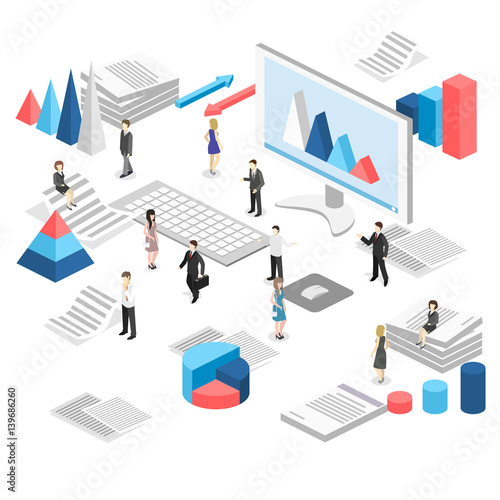 Isometric flat 3D isolated vector cutaway interior office workplace with people.