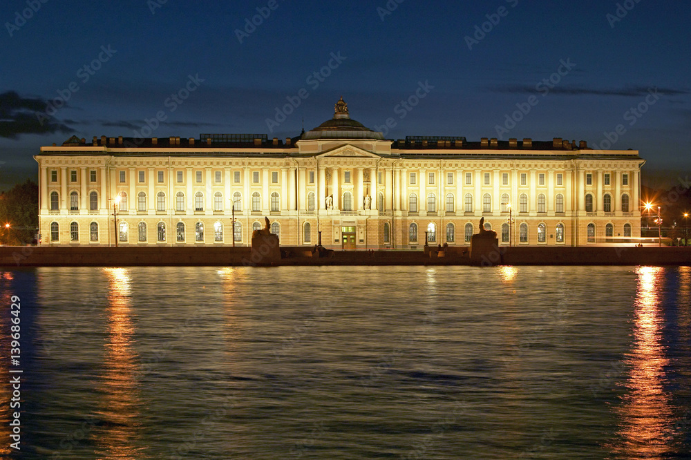 Academy of Arts on the river Neva at night in St Petersburg, Russian Federation