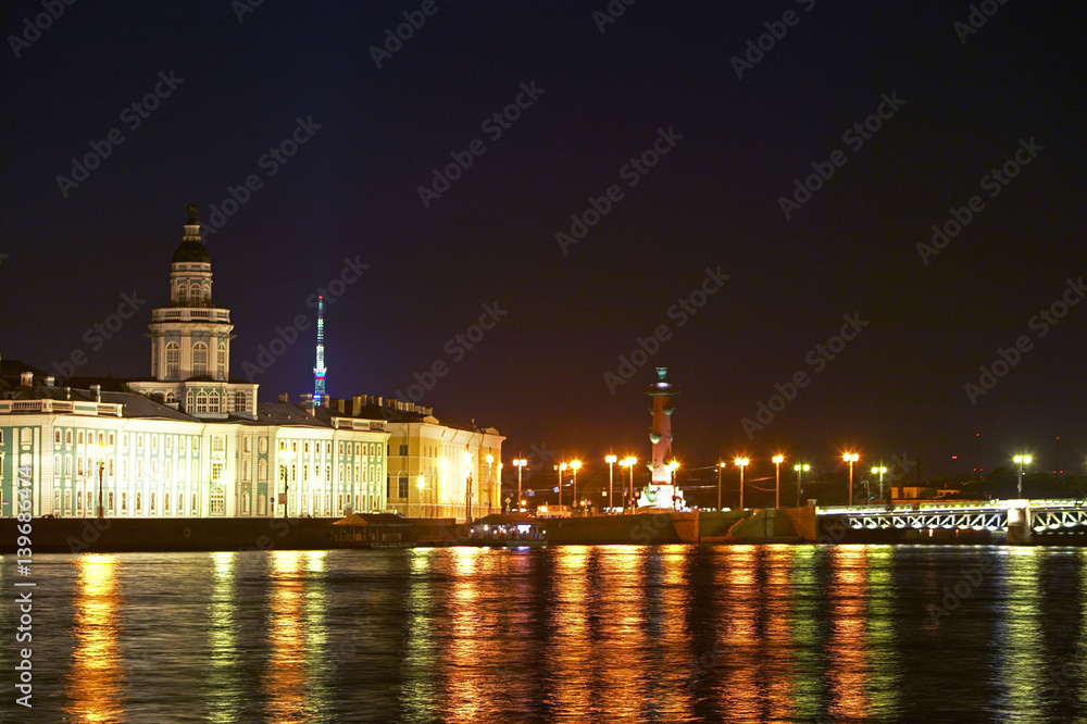 The Kunstkammer Museum of Anthropology and Ethnography at the River Neva at night in St. Petersburg, Russian Federation