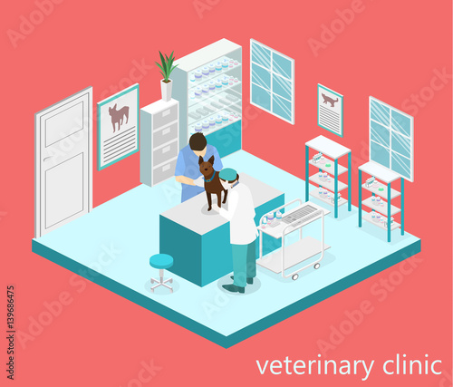 Flat 3D illustration Isometric interior of veterinary clinic.