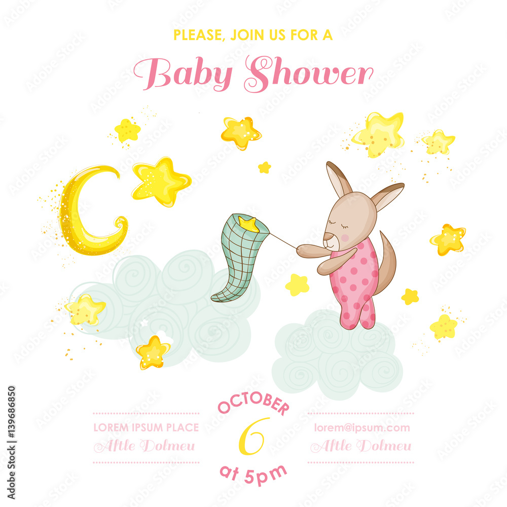 Baby Shower or Arrival Card - Baby Kangaroo Girl Catching Stars - in vector