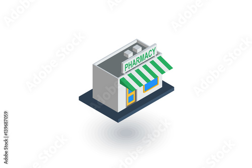 pharmacy building isometric flat icon. 3d vector colorful illustration. Pictogram isolated on white background