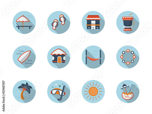 Summer rest round flat color vector icons set