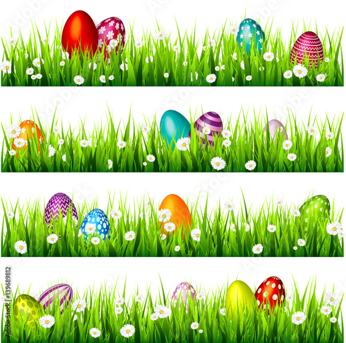Easter egg on the green grass. Seasonal holidays in April.Flowers.Banner.