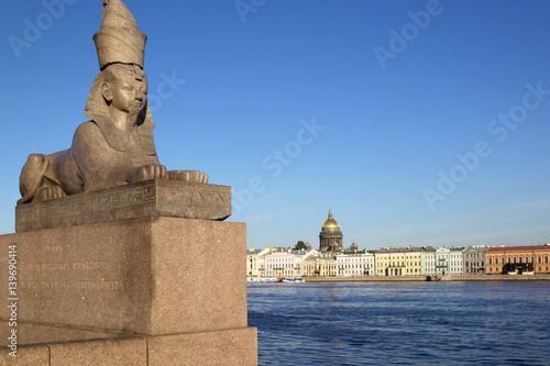 Sphinx sculpture on the river Neva  overlooking St. Isaac s Cathedral in St. Petersburg  Russian Federation