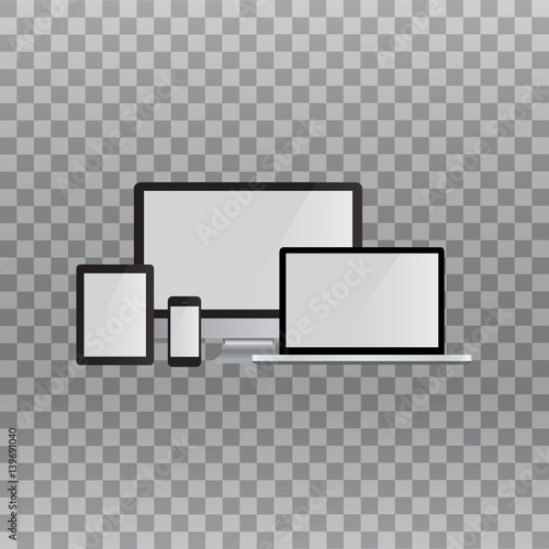 Set of realistic computer monitor, laptop, tablet and mobile phone with empty screen.