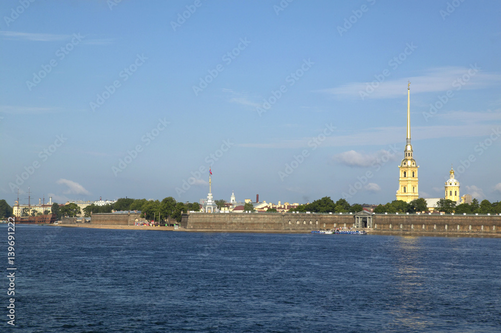 View of the Peter and Paul Cathedral in the fortress on the Neva River in St. Petersburg, Russian Federation