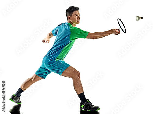 one asian badminton player man isolated on white background