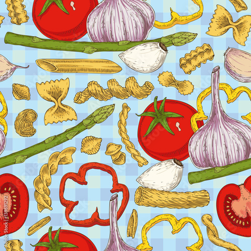 Italian Pasta and Vegetables. Seamless Pattern