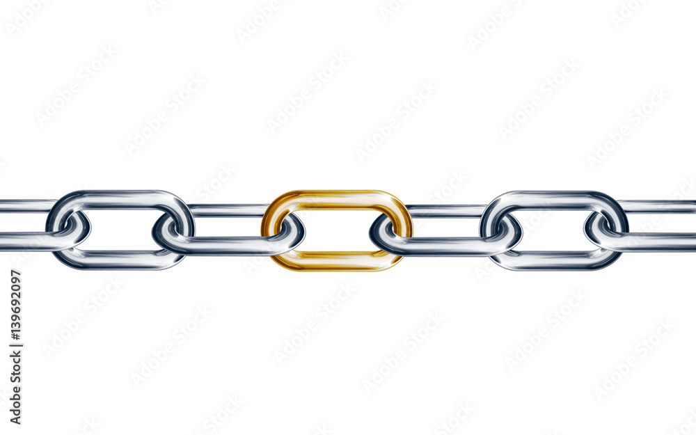 Fototapeta premium Chains are connected by golden link on a white background, connected group concept image, leadership concept, teamwork concept 3D design