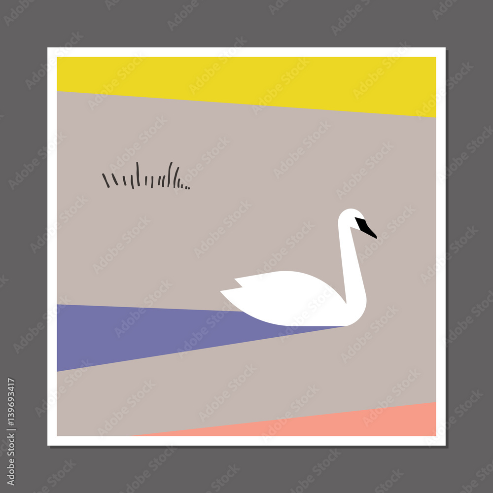 Obraz premium White swan on pastel color block background. Scandinavian style vector poster